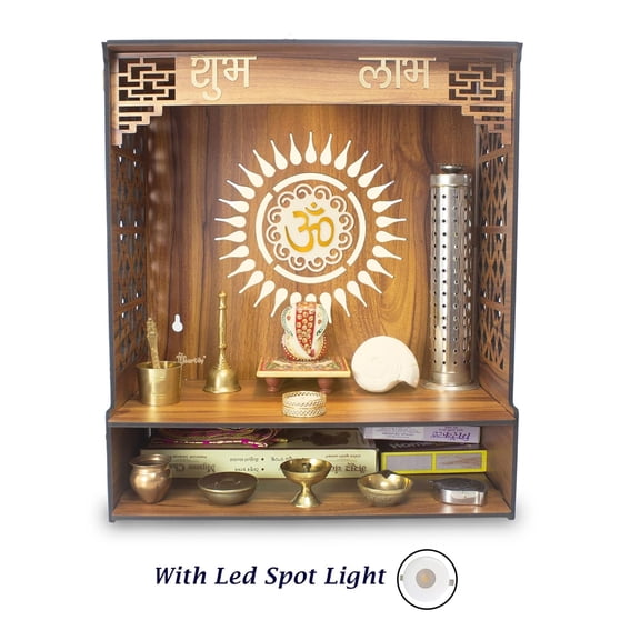 Accessorize Kingdom Beautiful Wooden Pooja Mandir for Home Temple for Home and Office Pooja Stand Modern Puja Mandir for Home Wall with LED Spot Light Size