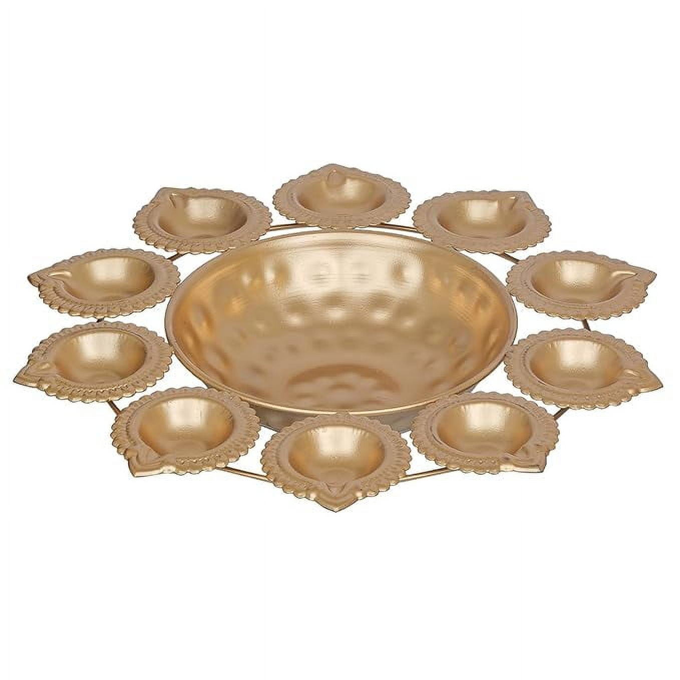 Accessorize Kingdom Golden Metal Handcrafted Designer Urli with 10 Diyas - Elegant Home Decor Centerpiece, for Diwali, Birthdays, Anniversaries, and Special Occasions