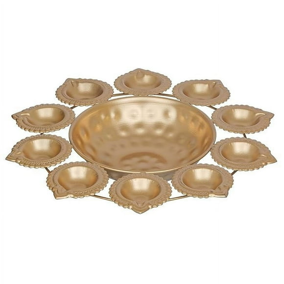 Accessorize Kingdom Golden Metal Handcrafted Designer Urli with 10 Diyas - Elegant Home Decor Centerpiece, for Diwali, Birthdays, Anniversaries, and Special Occasions