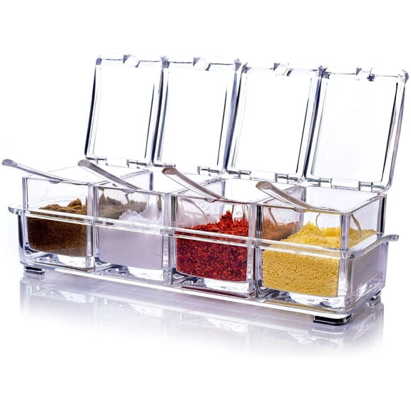 Accessorize Kingdom Home Kitchen 4 Grid Acrylic Seasoning Spice Box Kit with Spoon - Kitchen Masala Storage Box Container Seasoning Organizers Jars