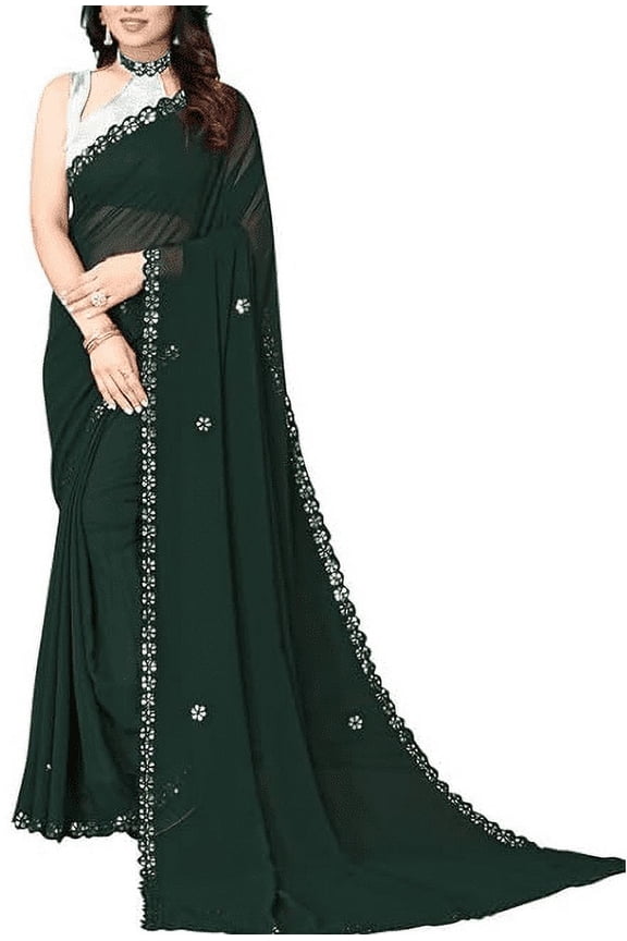 Lace, Dyed, Mirror Embroidery Georgette Saree with Blouse
