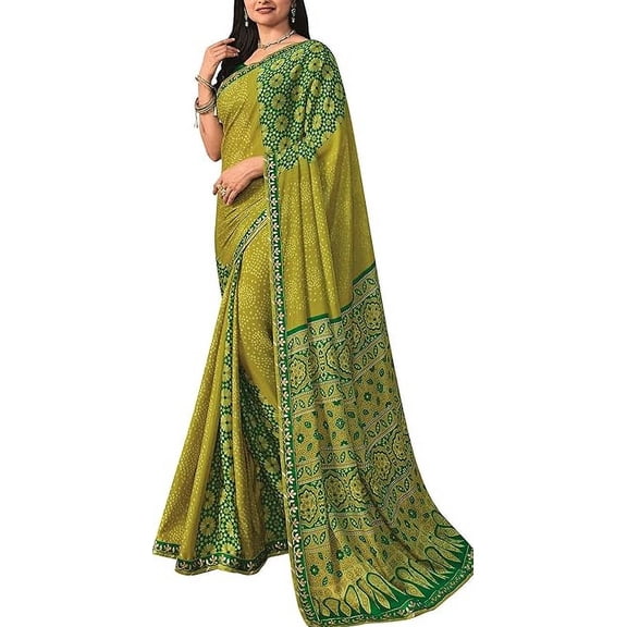 Accessorize Kingdom Moss Silk Bandhej Bandhani Printed Sarees For Women With Gota Patti Work Lace Border With Blouse Piece