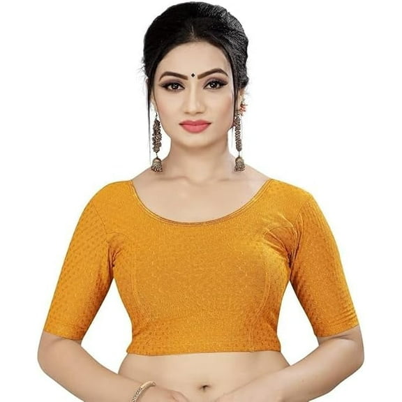 Accessorize Kingdom Round Neck Dobby Cotton Lycra Stretchable Elbow Sleeve Readymade Saree Blouse for Women Stylish Free Size ( 30 To 36 )
