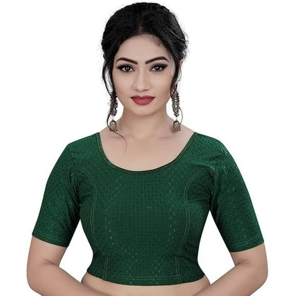 Accessorize Kingdom Round Neck Dobby Cotton Lycra Stretchable Elbow Sleeve Readymade Saree Blouse for Women Stylish Free Size( 38 To 42 )