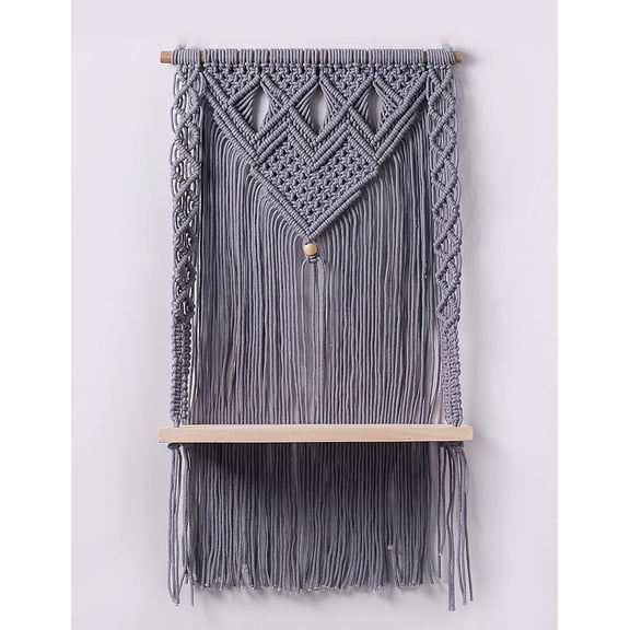 Accessorize Kingdom Wall Hanging Shelf Cotton Rope Bohemian Style Handmade Boho Shelf With 1 Shelves For Plants And Tapestry Tassel Wall Floating Hanger For Home (Style 7)(Bluish Grey)(Wood)