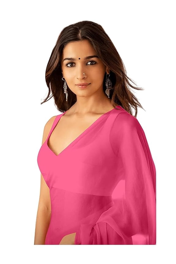 Women's Plain Pure Georgette Saree With Unstitched Blouse Piece (Rocky Aur Rani Ki Prem Kahani Alia Bhatt Saree.