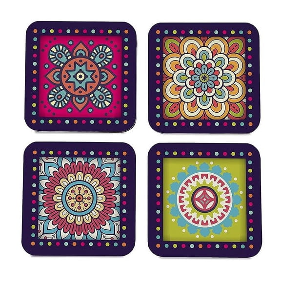Accessorize Kingdom Wooden Coaster Set with Gift Box | Multi Mandala Design | Set of 4 Tabletop Square Coasters 3.75" x 3.75" | Kitchen Table Wooden Decorative Items | for Cups, Mugs, Cans, Glasses