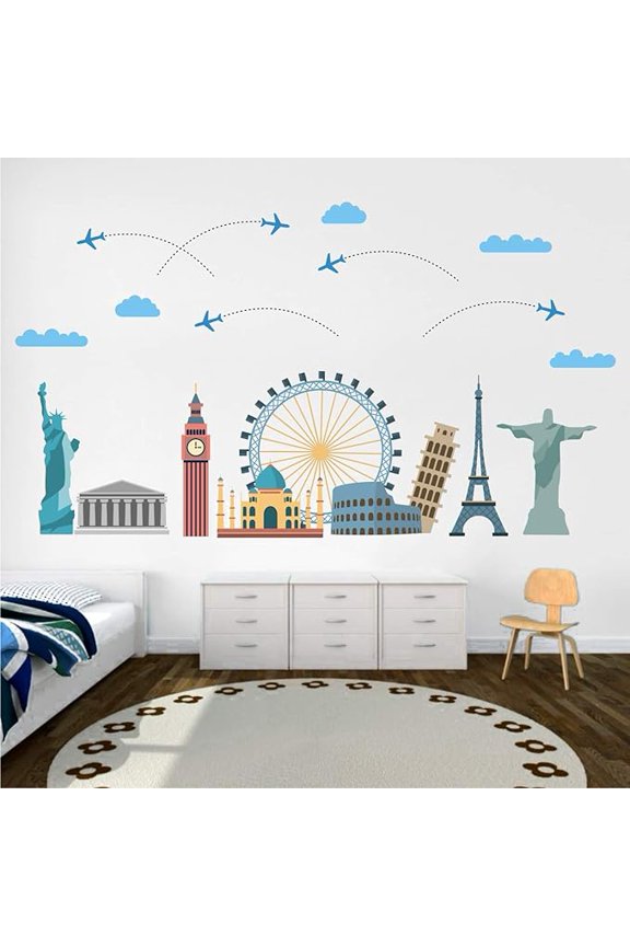 Worlds Wonders Monuments Building Icon Travel PVC Vinyl Wall Sticker (155 cm X 80 cm)