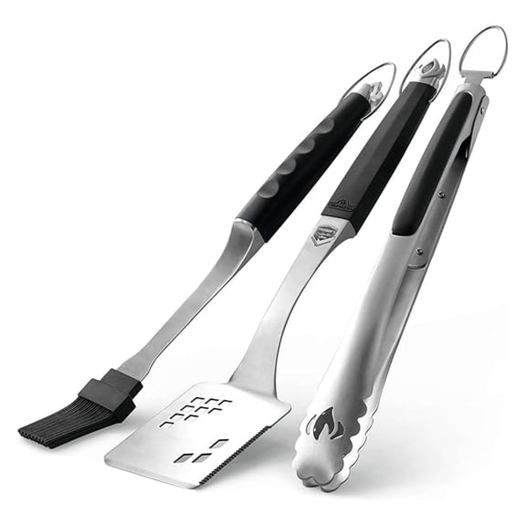 Accessory 70036 - Executive 3 Piece Toolset - Premium BBQ Grill Toolset, Cast Stainless Steel, Ergonomic Handles, Heat Safe Rubber Grip, Includes Tongs, Multifunctional Spatula, Basting Brush