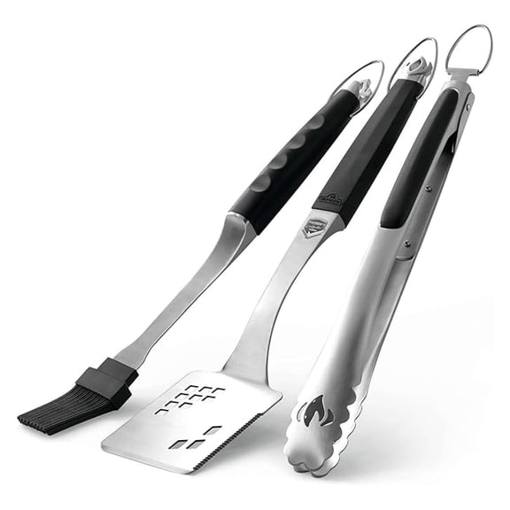 Accessory 70036 - Executive 3 Piece Toolset - Premium BBQ Grill Toolset, Cast Stainless Steel, Ergonomic Handles, Heat Safe Rubber Grip, Includes Tongs, Multifunctional Spatula, Basting Brush
