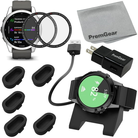 Accessory Bundle for Garmin Fenix 7S Smartwatch, Includes: Charger Dock Charging Stand with 3.3foot Cable, 2 Anti-Scratch Screen Protectors, 5 Dust Covers, USB Wall Adapter & Cleaning Cloth