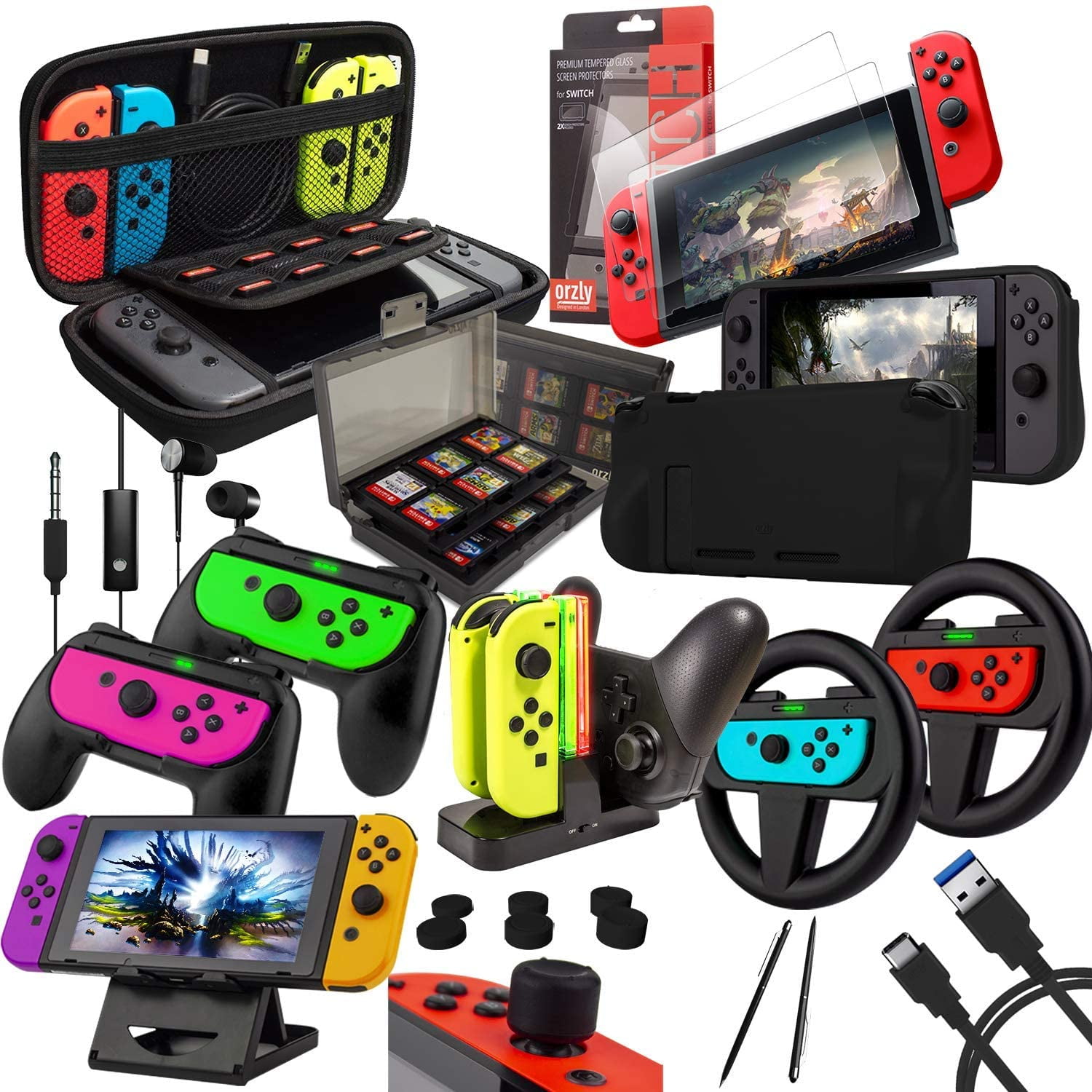 Orzly Accessory Bundle Kit Designed for Nintendo Switch Accessories Geeks  and OLED Console Users Case and Screen Protector, Joycon Grips and Wheels