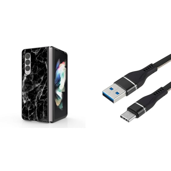 Accessory Bundle for Galaxy Z Fold 4: Slim Snap-On Case (Black Marble), Nylon Braided USB-C to USB-A Cable (3 Feet)