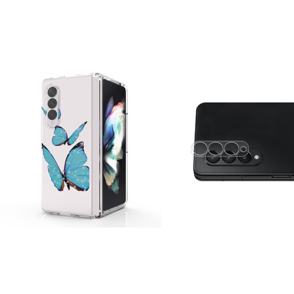 Accessory Bundle for Galaxy Z Fold 4: Slim Snap-On Case (Blue Butterflies), Rear Camera Glass Protector