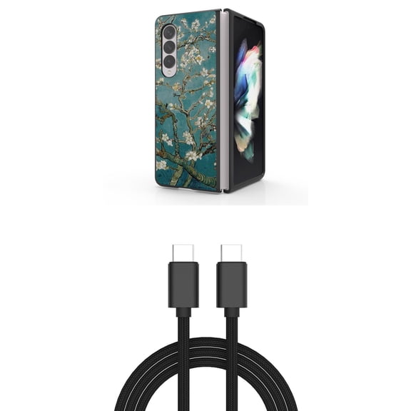 Accessory Bundle for Galaxy Z Fold 4: Slim Snap-On Case (Midnight Green Blossom), PD Power Delivery USB-C to USB-C Cable (3 Feet)