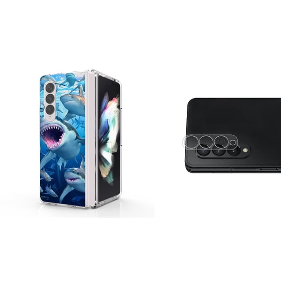 Accessory Bundle for Galaxy Z Fold 4: Slim Snap-On Case (Sharks), Rear Camera Glass Protector