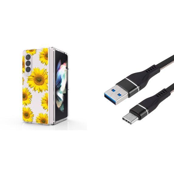 Accessory Bundle for Galaxy Z Fold 4: Slim Snap-On Case (Sunflowers), Nylon Braided USB-C to USB-A Cable (3 Feet)