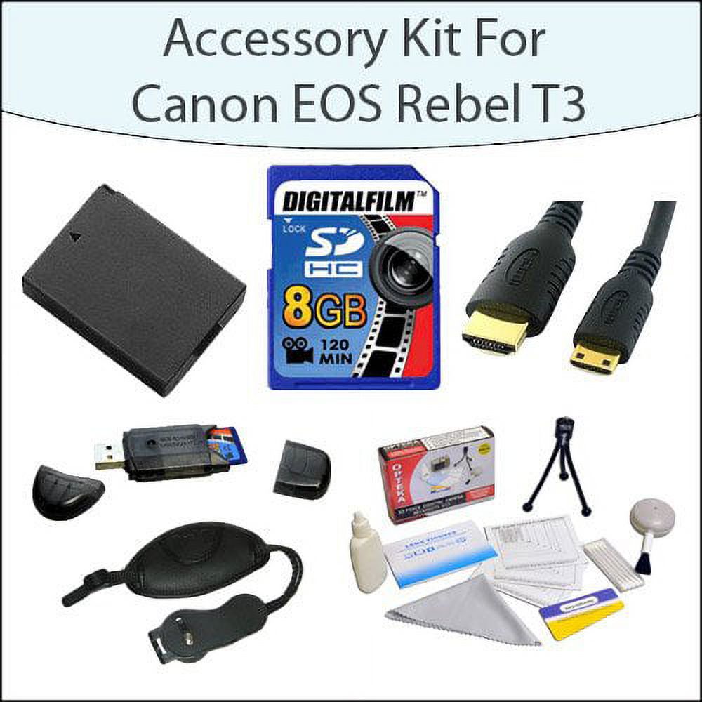 Accessory Kit For Canon EOS Rebel T3 T5 with 8GB SDHC Memory Card, High Capacity Canon LP-E10 LPE10 Replacement Battery, Opteka Professional Wrist Strap, Opteka 5 Piece Lens Cleaning Kit and More! - image 1 of 7