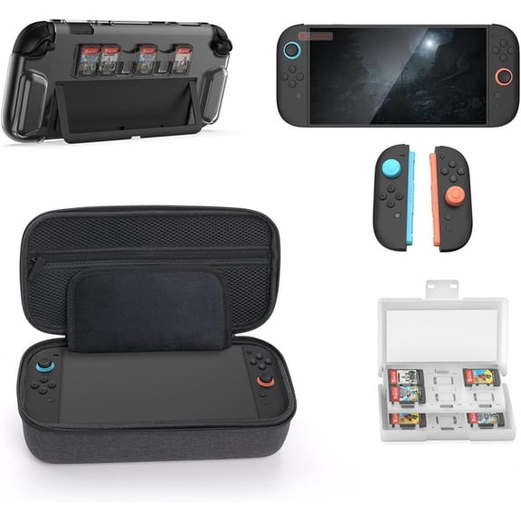 Accessory Kit for Switch 2 2025 : Crystal Case,Portable Storage Bag,Tempered Glass Screen Protector, 4-Slot Cartridge Organizer and Joy-Con Thumb Grip Caps