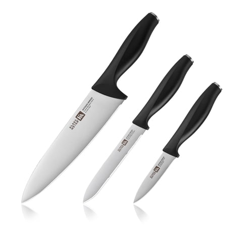 Acciaio High Carbon Stainless Steel 3 Piece Kitchen Knife Set, Chef Knife, Paring Knife, Utility Serrated Knife (Black)