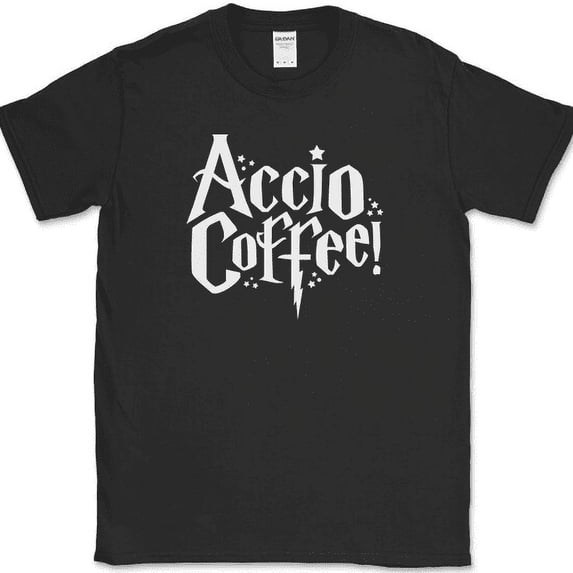 Accio Coffee T-Shirt Funny Caffeine Lover Movie Book Text Tee - Black, 5XL
