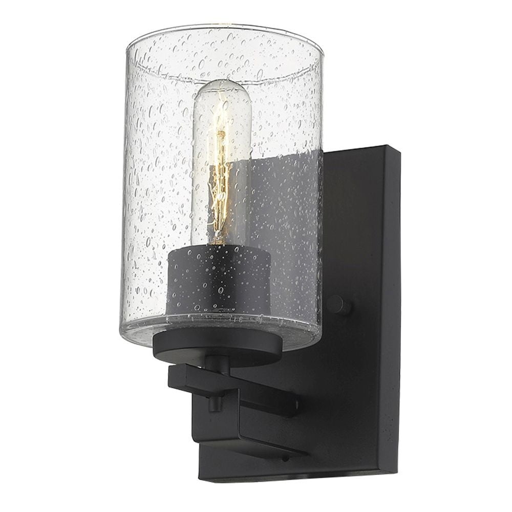 Orella Matte Black Steel Cylinder Sconce with Seedy Glass