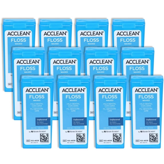 Acclean Dental Floss, Shred Resistant Nylon, Waxed, 200 Yards of Dental Floss, Unflavored, Office Size, 12/Bx