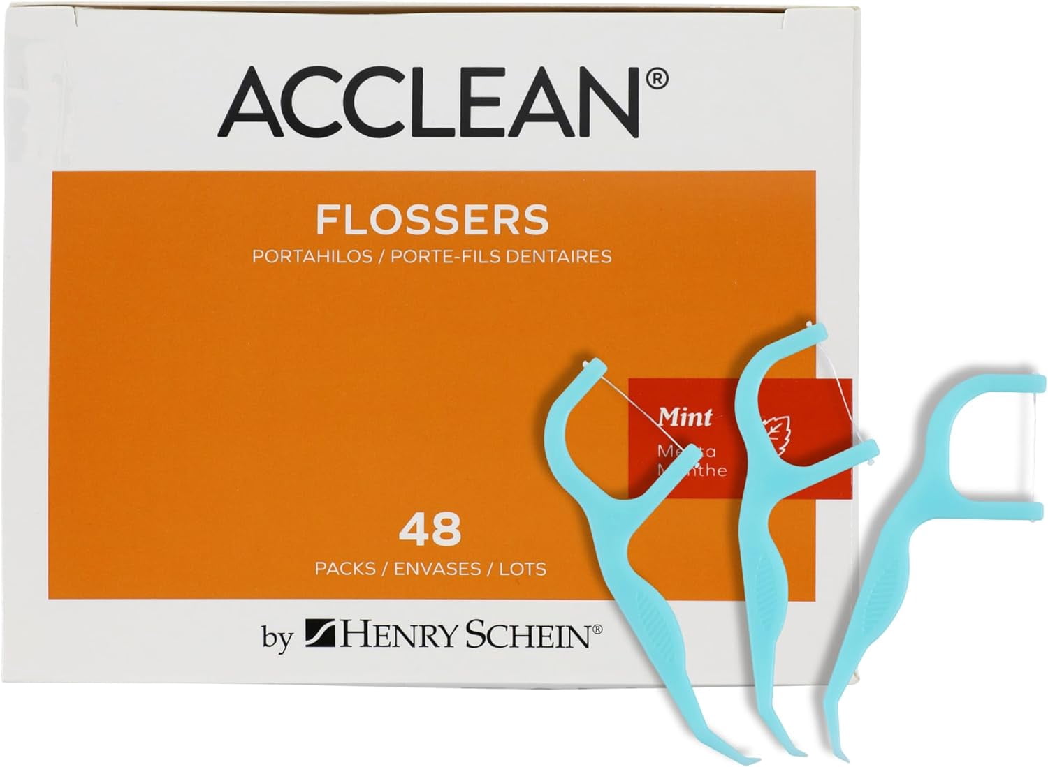 Acclean Dental Flossers Mint, 144 Count (48 Packs of 3), Interdental Floss Picks with Gum Stimulator, Strong Shred-Resistant Floss, Dispenser Box for Easy Storage