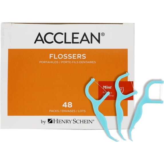 Acclean Dental Flossers Mint, 144 Count (48 Packs of 3), Interdental Floss Picks with Gum Stimulator, Strong Shred-Resistant Floss, Dispenser Box for Easy Storage