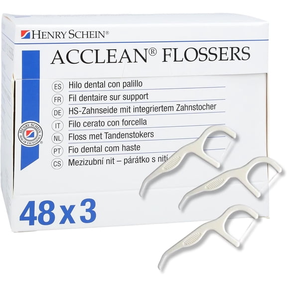 Acclean Dental Flossers Unflavored, 144 Count (48 Packs of 3), Interdental Floss Picks with Gum Stimulator, Shred-Resistant Floss, Dispenser Box for Easy Storage