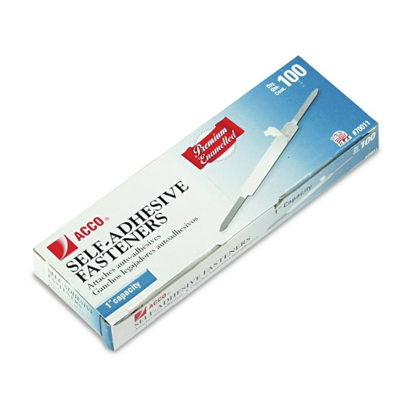 ACCO A7070011K 1 in. Capacity 2.75 in. Center to Center Premium Self-Adhesive Two-Prong Paper Fastener Bases - Silver (100/Box)