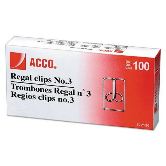 Acco Regal Clips, Medium (No. 3), Silver, 100/Box (72130)