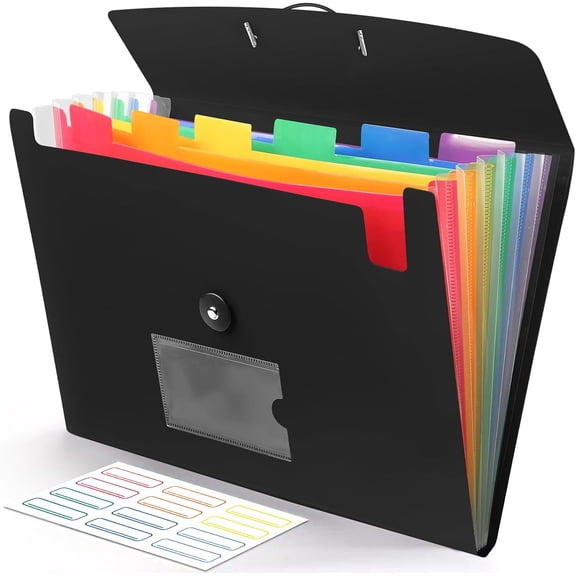 Accordian File Organizer 7 Pocket Expanding File Folder with Labels, Plastic Expandable File Folder for Documents Letter Size A4 Papers - Black