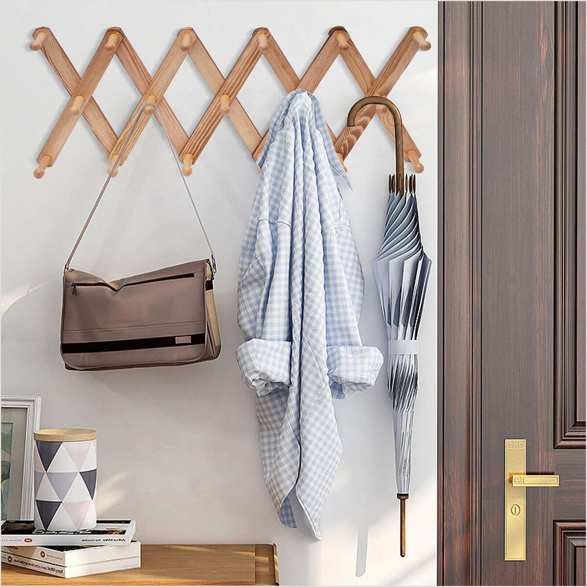 Accordian WallMounted Hanger 17 hookss Wooden Wall Coat Rack Expandable Hat Rack