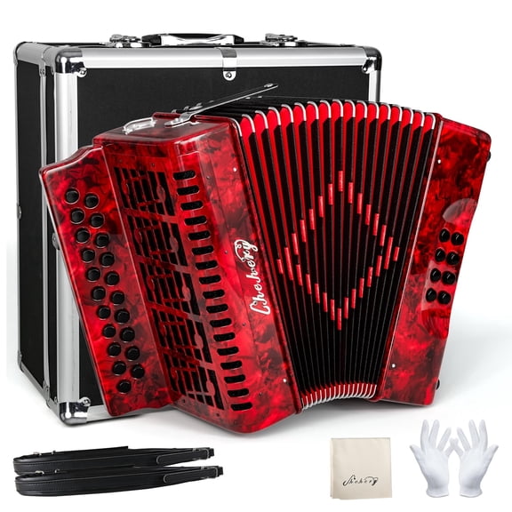 Accordion  21 Keys 8 Bass Adult Push-Pull Heterophonic B/C Tone Accordion for Professionals & Beginners(Red)