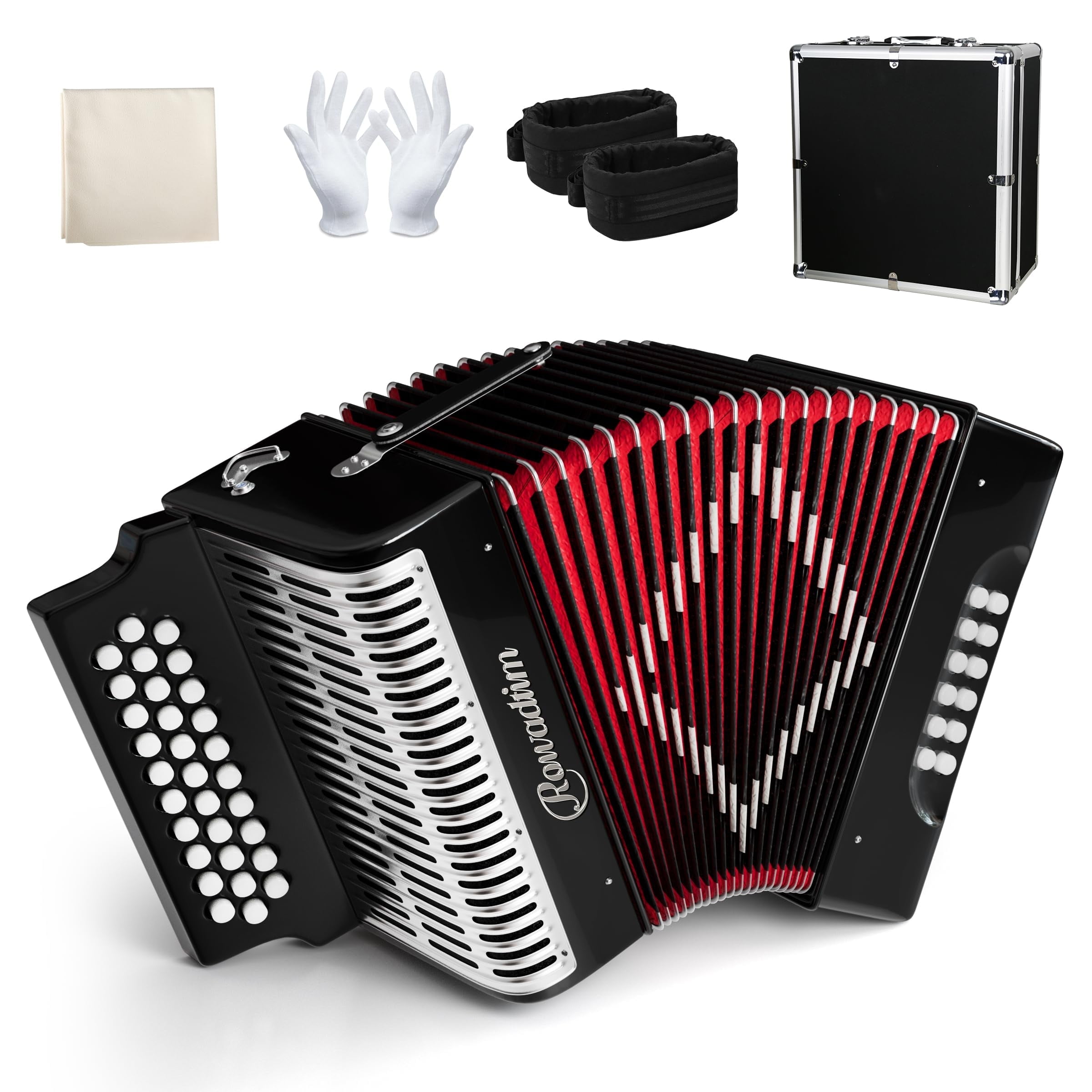 Accordion - 31 Key Diatonic, 12 Bass Buttons (G/C/F Tuning), Push-Pull Isochord Design, Beginner-Friendly Adult Set with Case, Gloves & Cleaning Wipes(Black)