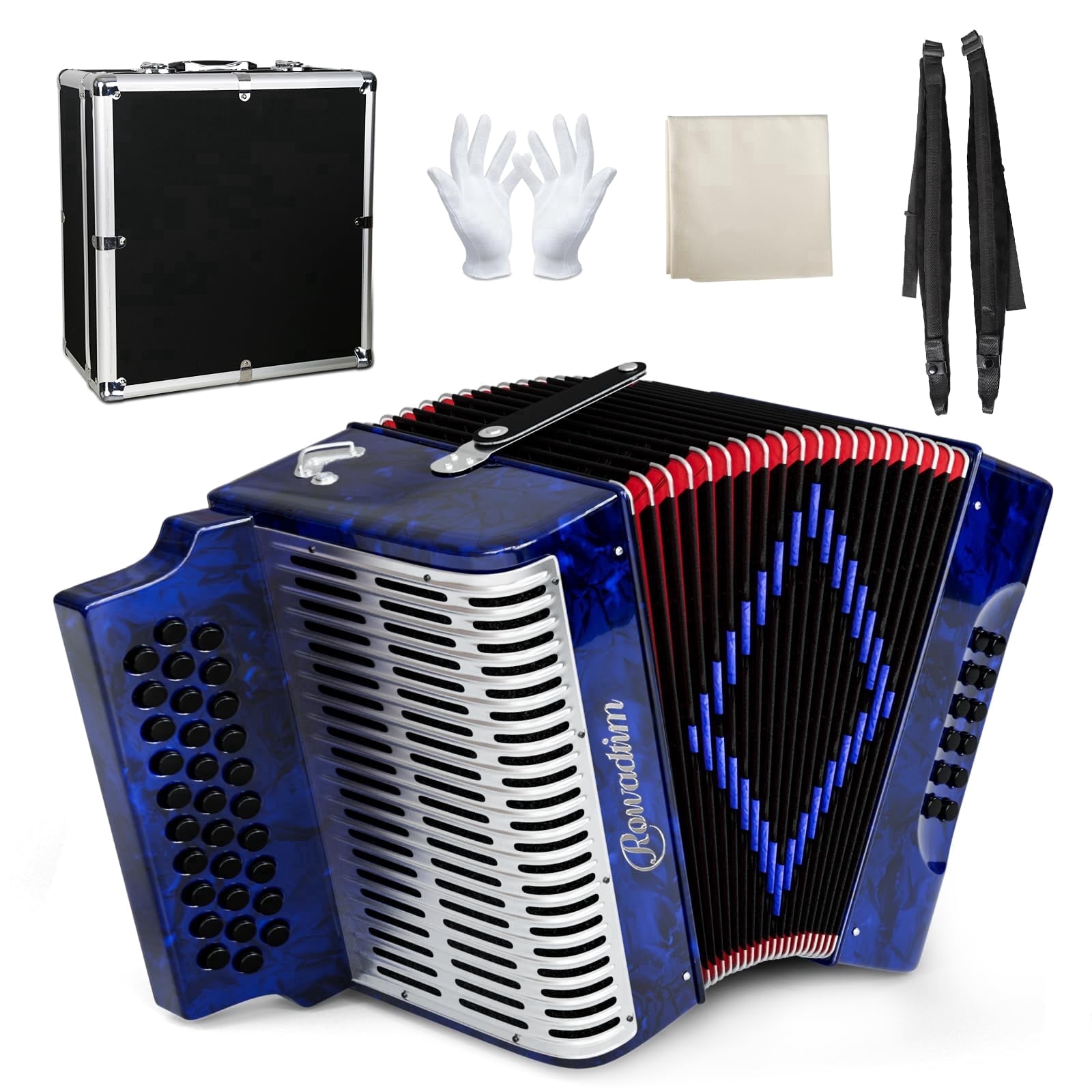 Accordion - 31 Key Diatonic, 13 Bass Buttons (G/C/F Tuning), Push-Pull Isochord Design, Beginner-Friendly Adult Set with Case, Gloves & Cleaning Wipes(Blue)