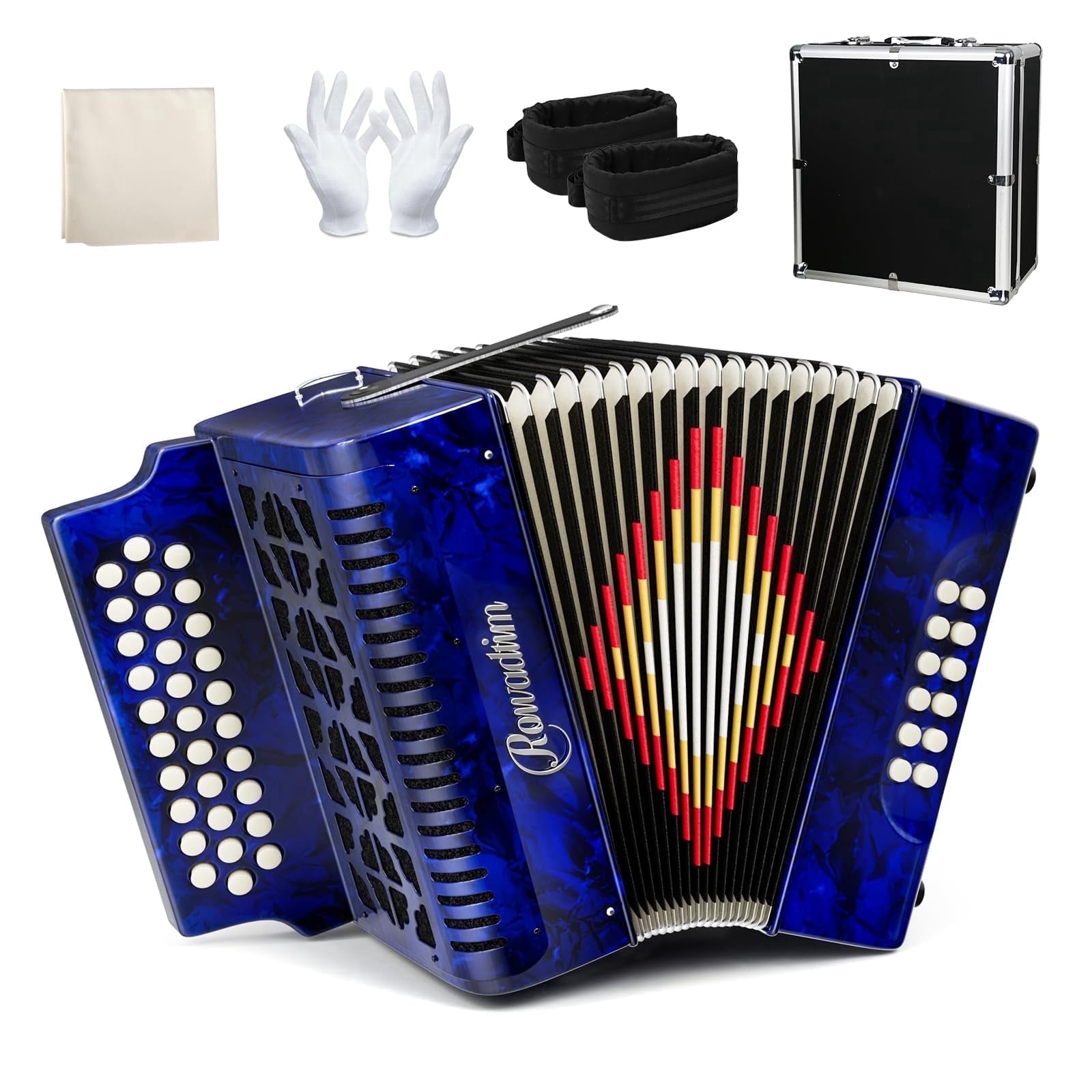 Rowadtim Accordion - 31 Keys, 12 Bass Professional Diatonic, Premium Portable Button Accordion for Adults & Beginners with Thick Protective Case (Blue)