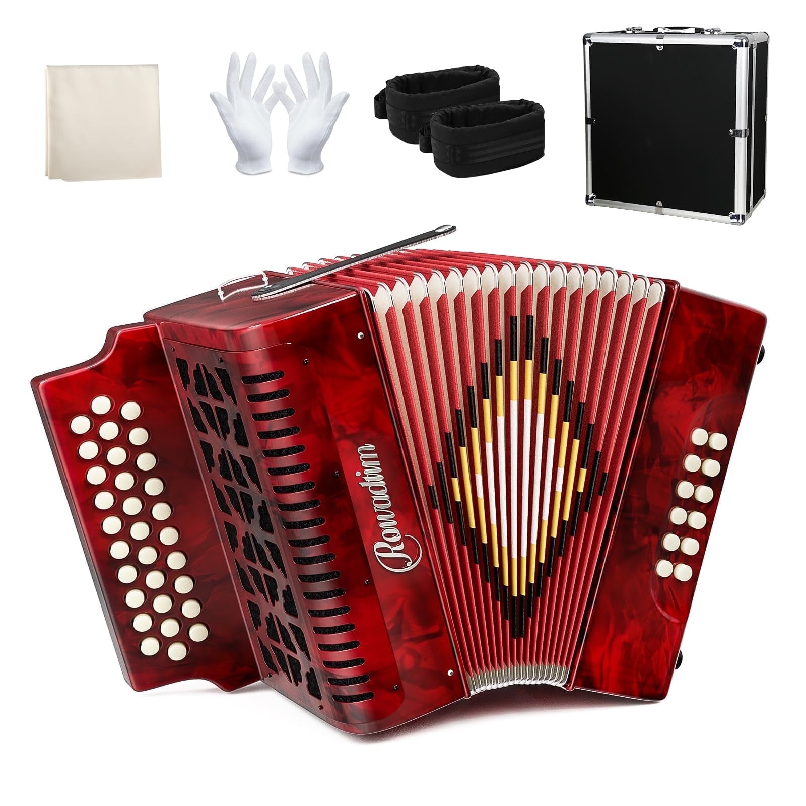 Accordion - 31 Keys, 12 Bass Professional Diatonic, Premium Portable Button Accordion for Adults & Beginners with Thick Protective Case (Red)