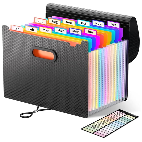Accordion File Organizer with 12 Deep Pockets, Expanding Document Folder for Monthly Bills Receipts Tax Records, Letter A4 Size, Home Office Use, Black
