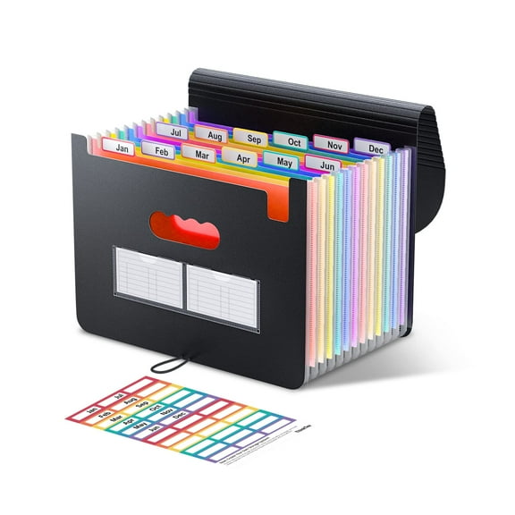 Accordion File Organizer,12 - Pocket Expanding File Folders for Paper Receipts,Bills&Taxes Organizer,Letter/A4 Size Document Holder for School,Office,Home with Colorful tabs- Black