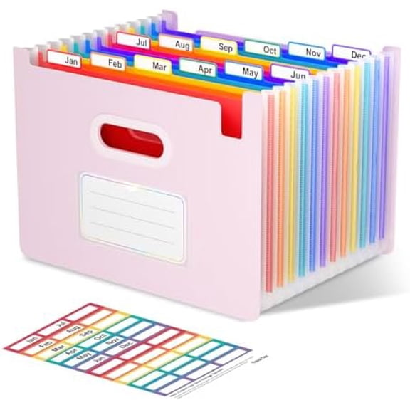 Accordion File Organizer, 12 - Pocket Expanding File Folders Upright & Open Top,for Paper Receipts, Bills&Taxes Organizer, Letter/A4 Size for School, Office, Home with tab-Pinkish Purple