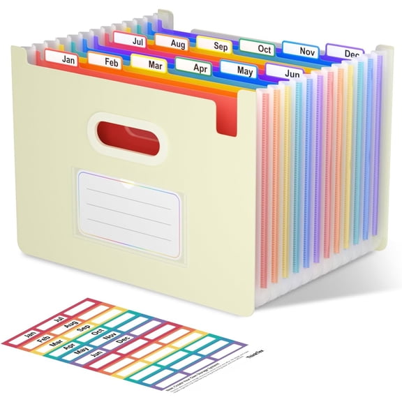 Accordion File Organizer, 12 - Pocket Expanding File Folders Upright & Open ,for Paper Receipts, Bills&Taxes Organizer, Letter/A4 Size for School, Office,  with tab- Beige Color