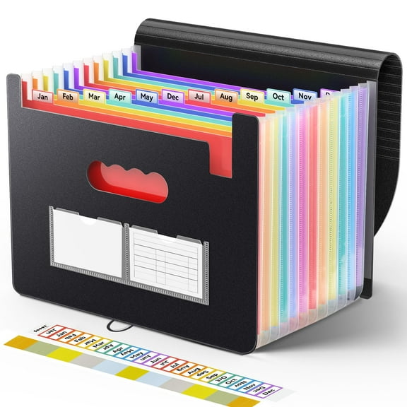 Accordion File Organizer,12 Pockets Expanding File Folder,Portable Monthly Paper Bill Tax Receipt Organizer,Letter A4 Size Document Holder with Blank Labels,Black