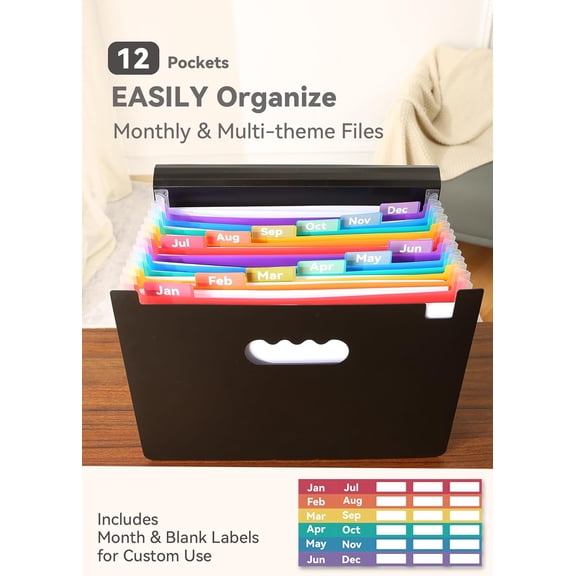 Accordion File Organizer 12 Pockets, Monthly Bill Receipt Tax Organizer, Expanding File Folders with Larger Bright Tabs, Fits Letter/A4 Size - Black
