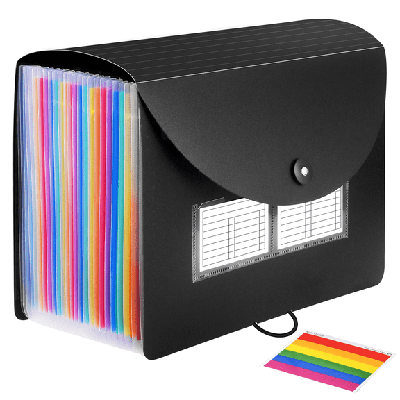 Accordion File Organizer, 25 Pockets Expanding File Folder, Portable Monthly Paper Bill Tax Receipt Organizer, Letter A4 Size Document Holder with Blank Labels, Black