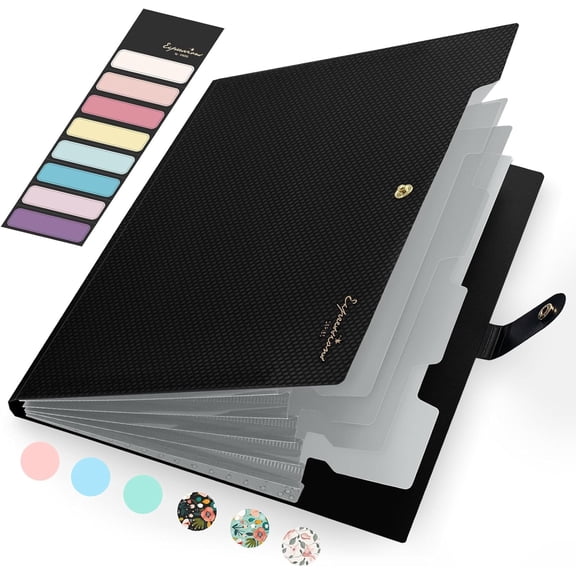 Accordion File Organizer, Expanding File Folder with Labels, 5 Pocket Folders for Document, Portable Paper Bill Receipt Organizer for Office College School Essential Supplies, Letter Size, Black