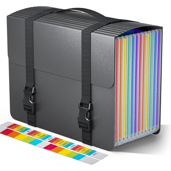 Accordion File Organizer,Expanding File Folders with Handle,13 Pockets Expandable Filing Folders,Tabs Included in Filing Box,Adjustable Strap,Bill Documents Organizer,A4/Letter Size,Black