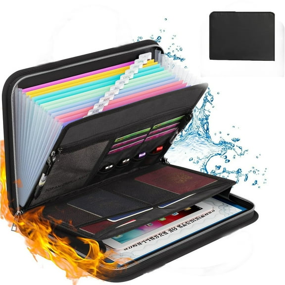 Accordion File Organizer，Fireproof Expanding File Folder with Zipper & Labels - Fireproof File Folder Organizer with Multi-Pockets,Document Organizer for Letter A4 Files and More,Black