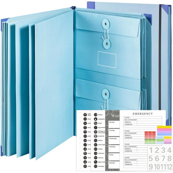 Accordion File Organizer Manila Pocket Document Folder for Passports, Birth Certificates & Important Papers, Office & Home Storage, Practical Emergency Binder Organizer (Blue)